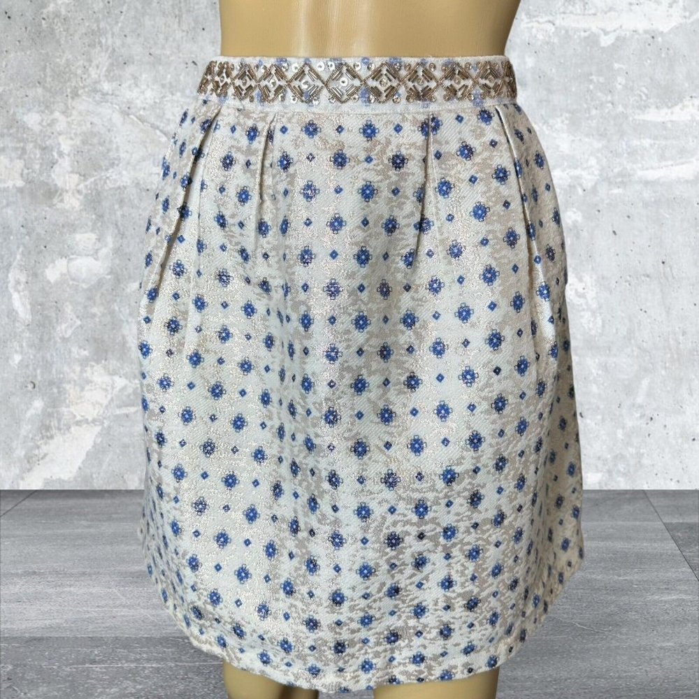 Mi ami Francescas Mini Skirt size L Brocade Gold Metallic Embellished Pleated